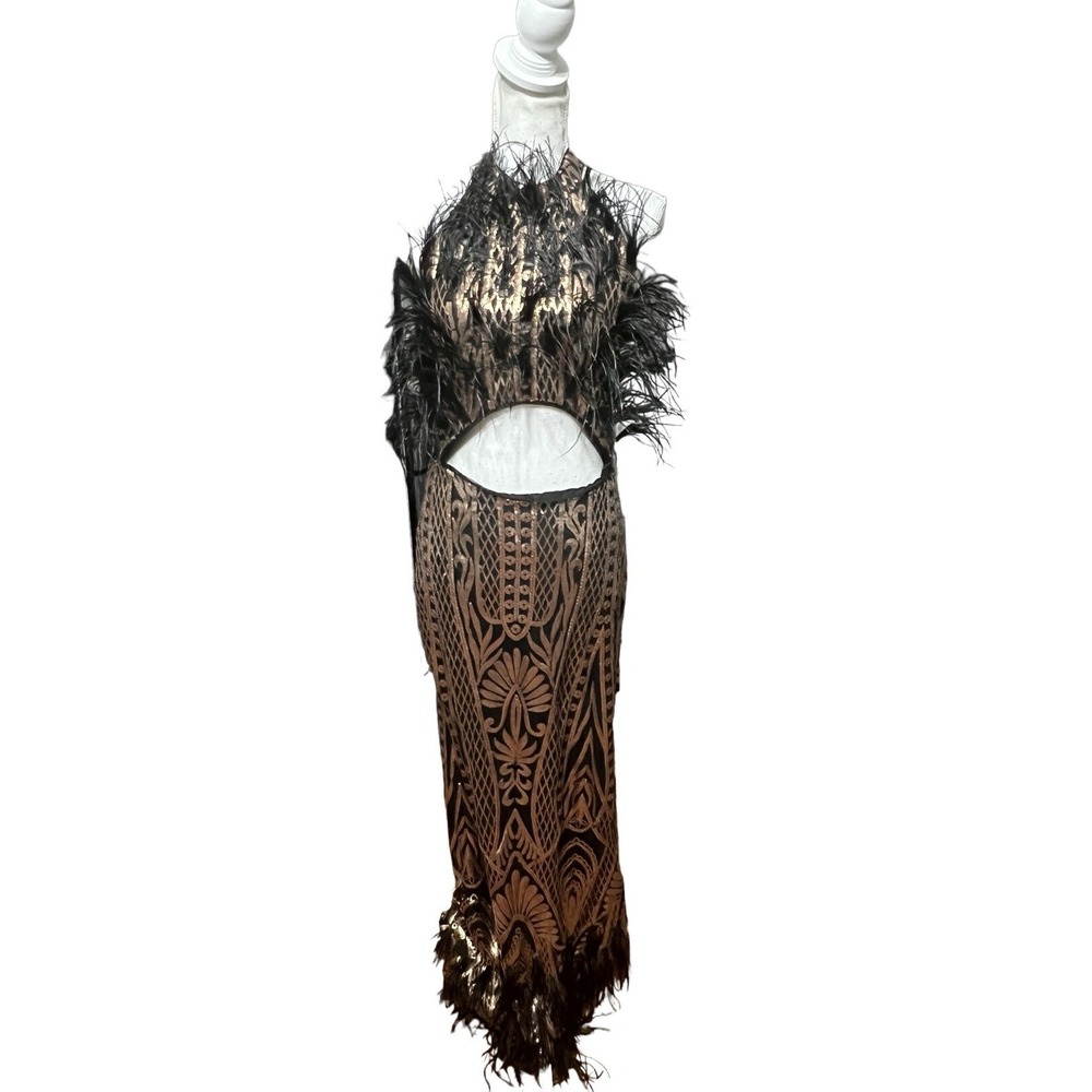 NWT Nova Luxe Womens Black Feather Rose Gold Sequin Embellished Neck Dress XL